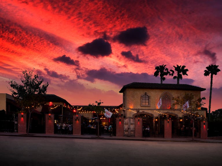 The Abbey Food & Bar exterior sunset